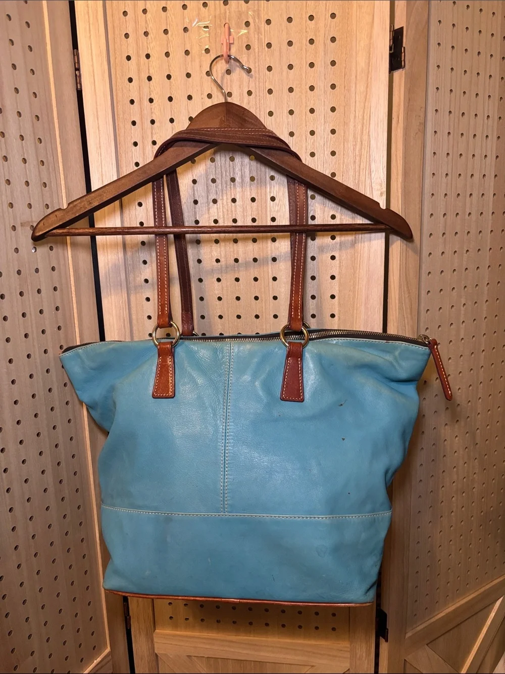 Dooney & Bourke Turquoise Leather Tote with Brown Trim